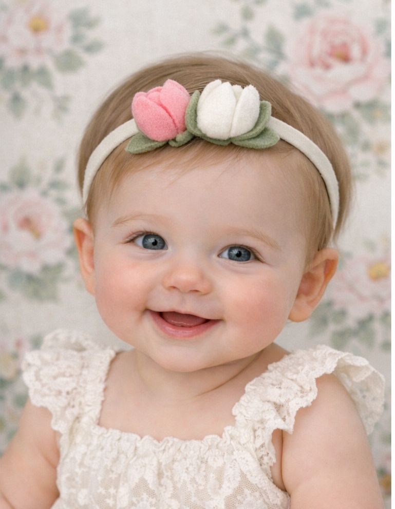 Diadema de tulipas rosa e branca para bebê