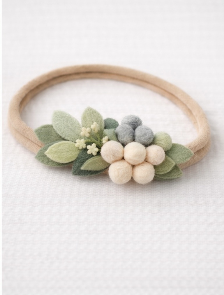 Botanical Baby Headband with Soft Felt Flowers in Green and Beige
