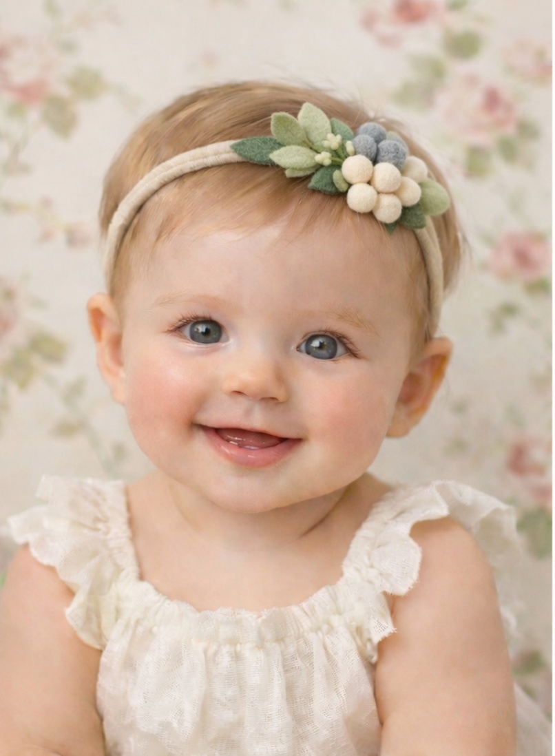 Botanical Baby Headband with Soft Felt Flowers in Green and Beige