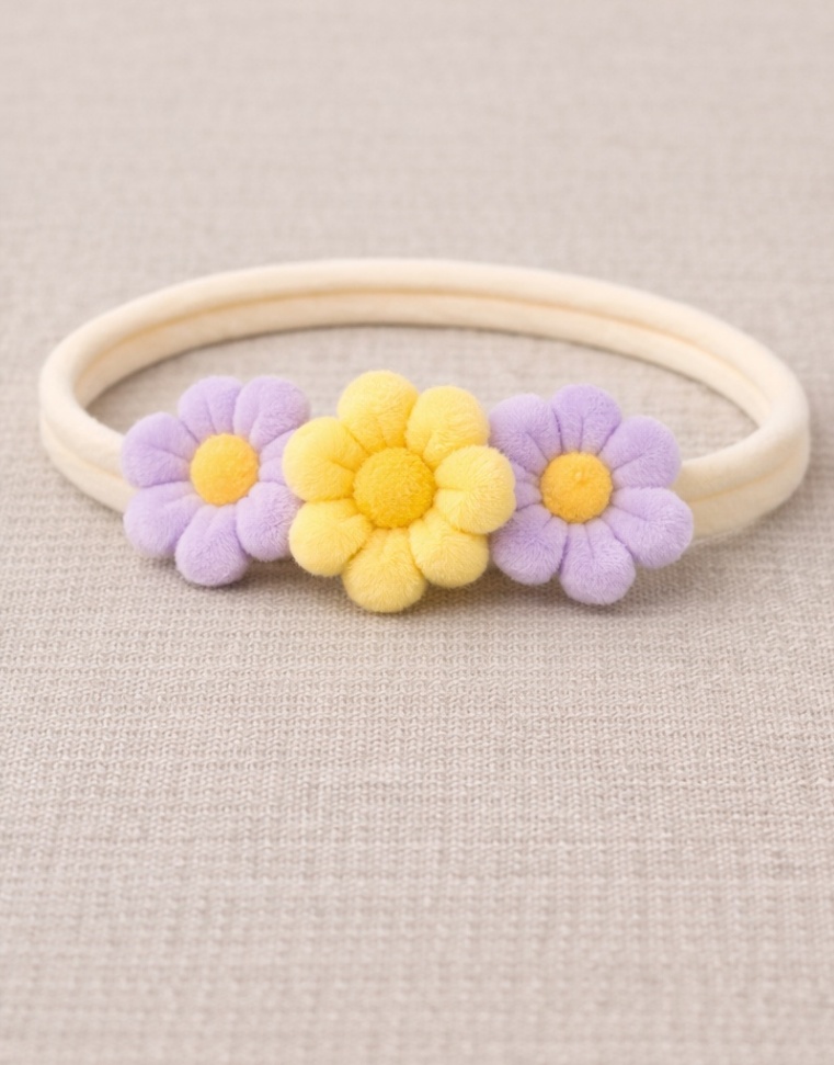 Bandeau Bébé Trio de Marguerites - Jaune et Lavande Douce