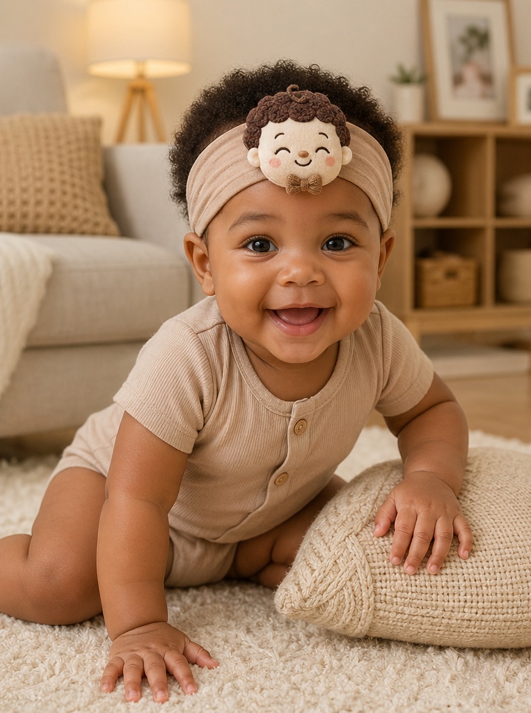 Bandeau bébé en peluche avec poupée garçon amovible – Accessoire doux idéal pour collections boutique et commandes B2B