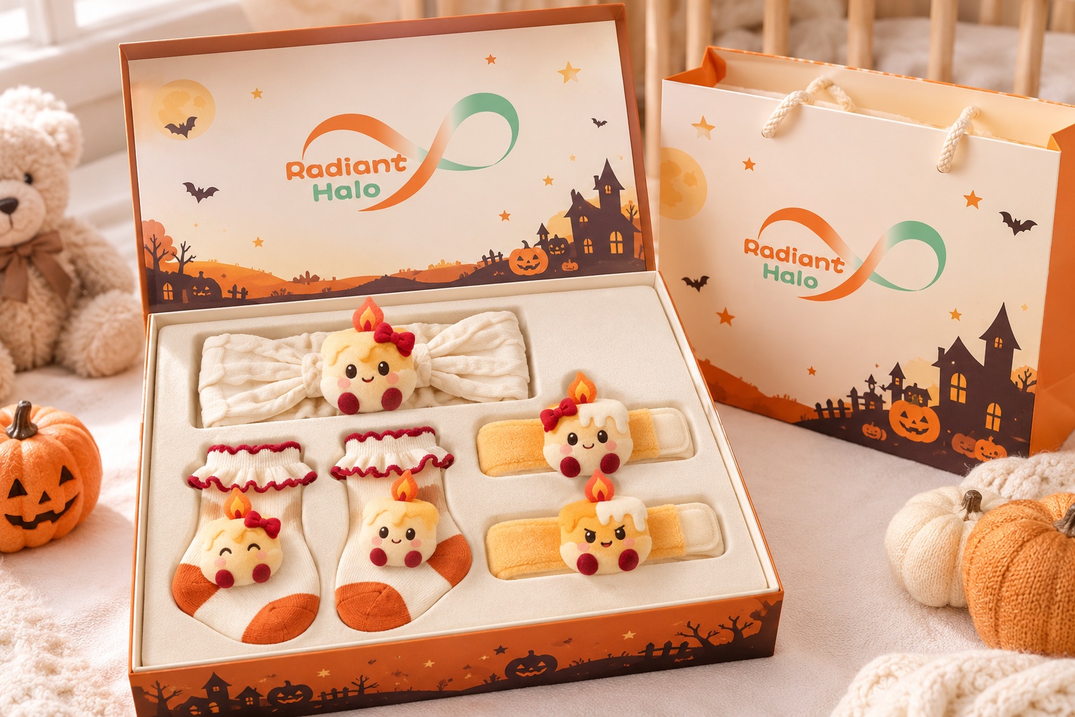 Wholesale Halloween Candle Doll Baby Gift Set – Soft Headband, Socks & Wrist Rattles for Boutiques