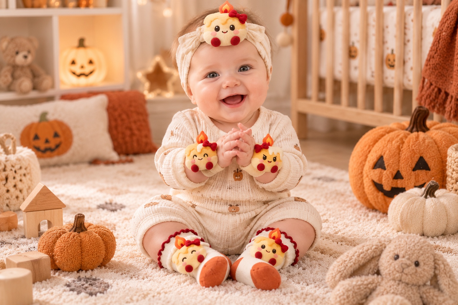 Wholesale Halloween Candle Doll Baby Gift Set – Soft Headband, Socks & Wrist Rattles for Boutiques