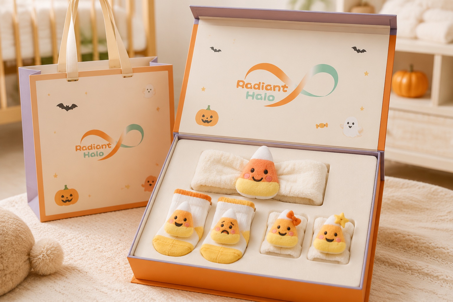 Wholesale Candy Corn Baby Gift Set with Plush Headband, Socks and Wrist Rattles