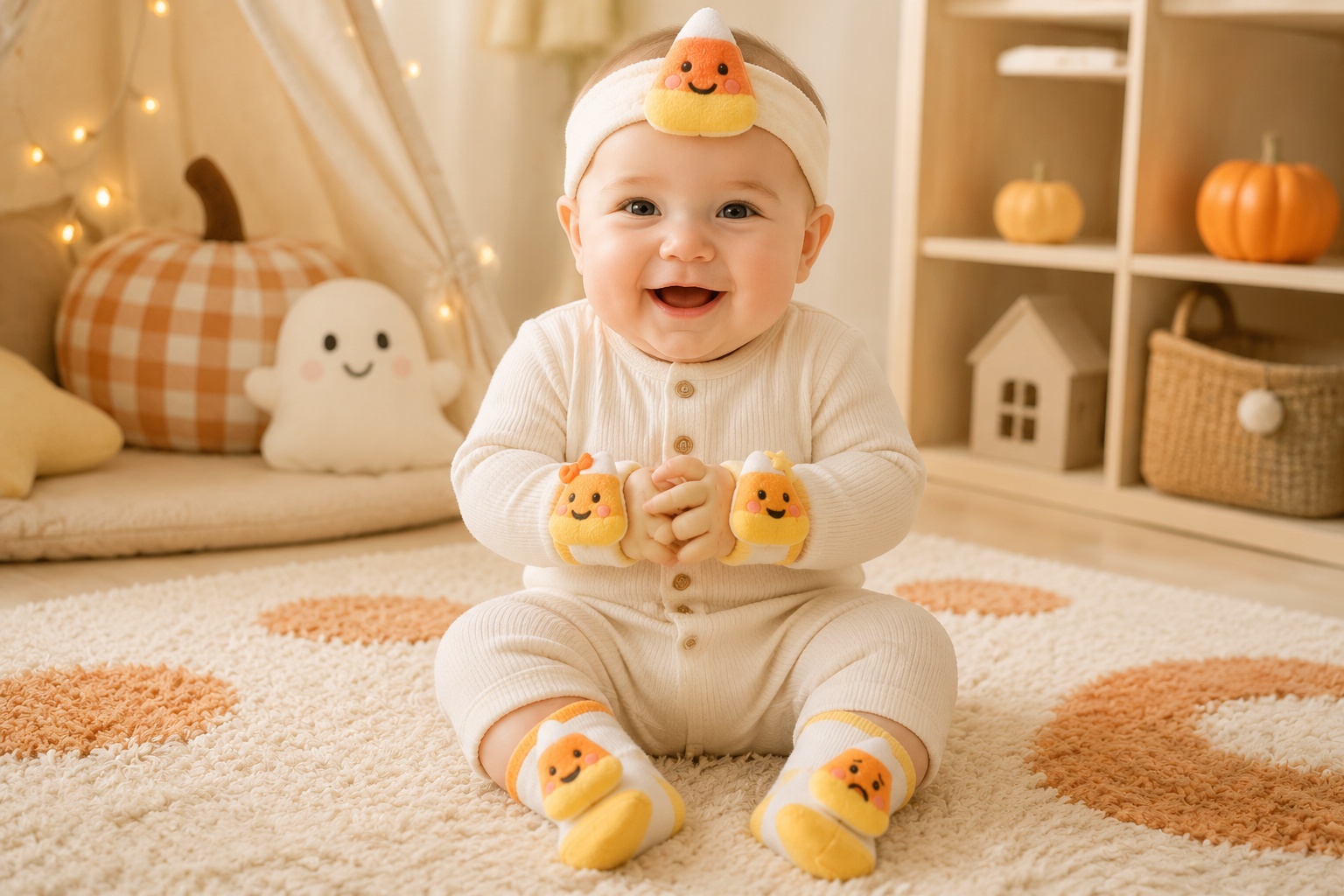 Wholesale Candy Corn Baby Gift Set with Plush Headband, Socks and Wrist Rattles