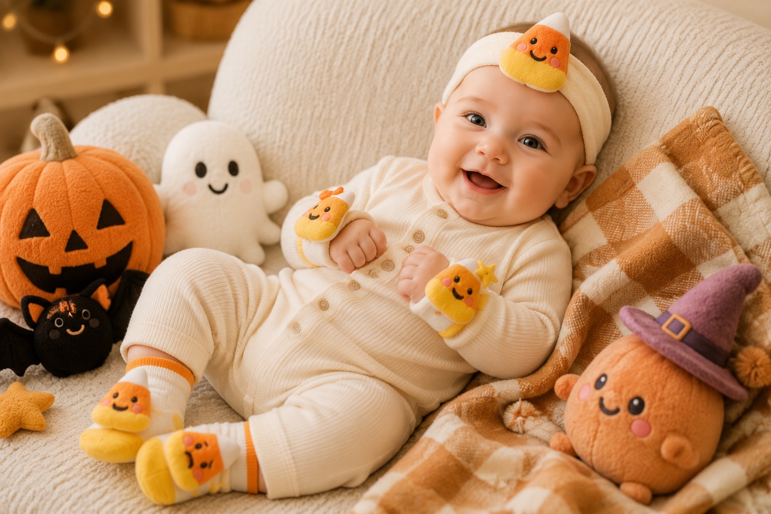 Wholesale Candy Corn Baby Gift Set with Plush Headband, Socks and Wrist Rattles