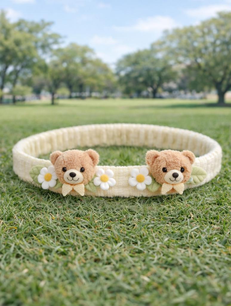 Plush Teddy Bear Baby Headband with Floral Design - Soft & Stretchable