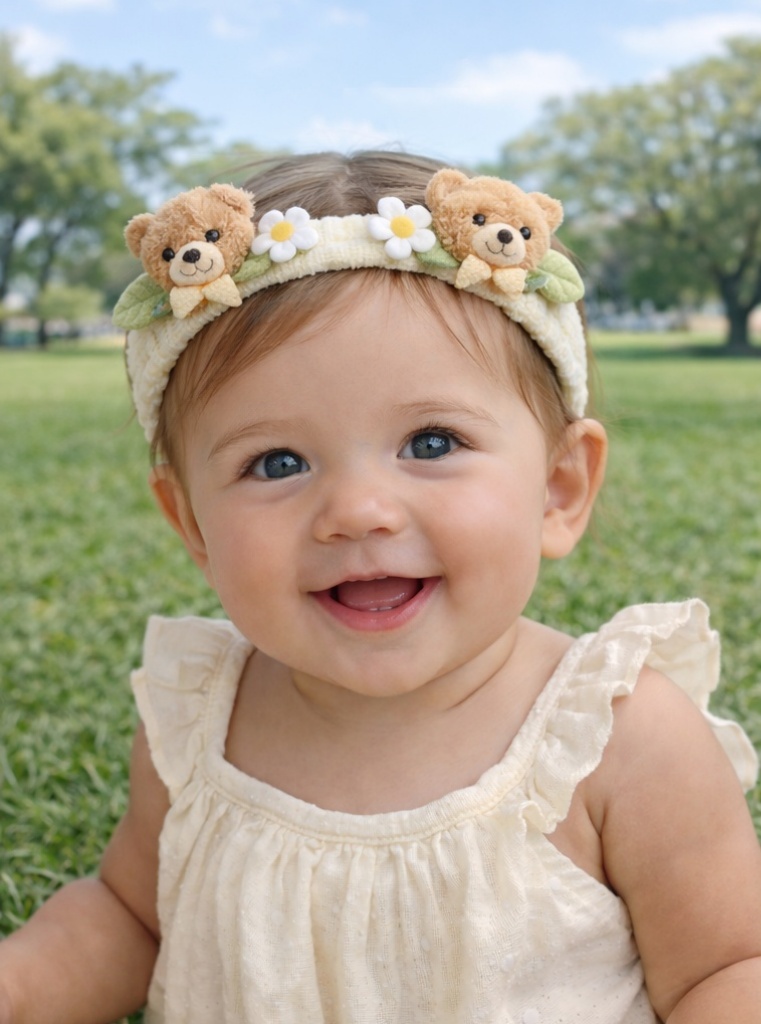 Plush Teddy Bear Baby Headband with Floral Design - Soft & Stretchable