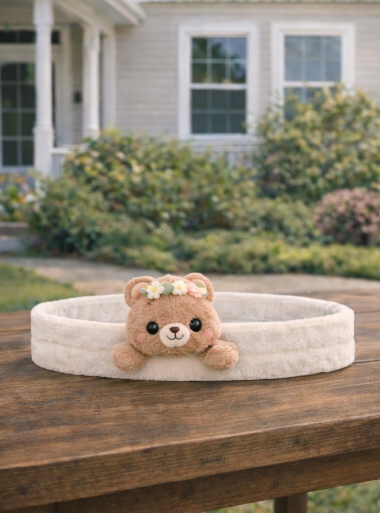 Floral Crown Teddy Baby Headband – Soft Plush Bear with Flower Halo for Newborns