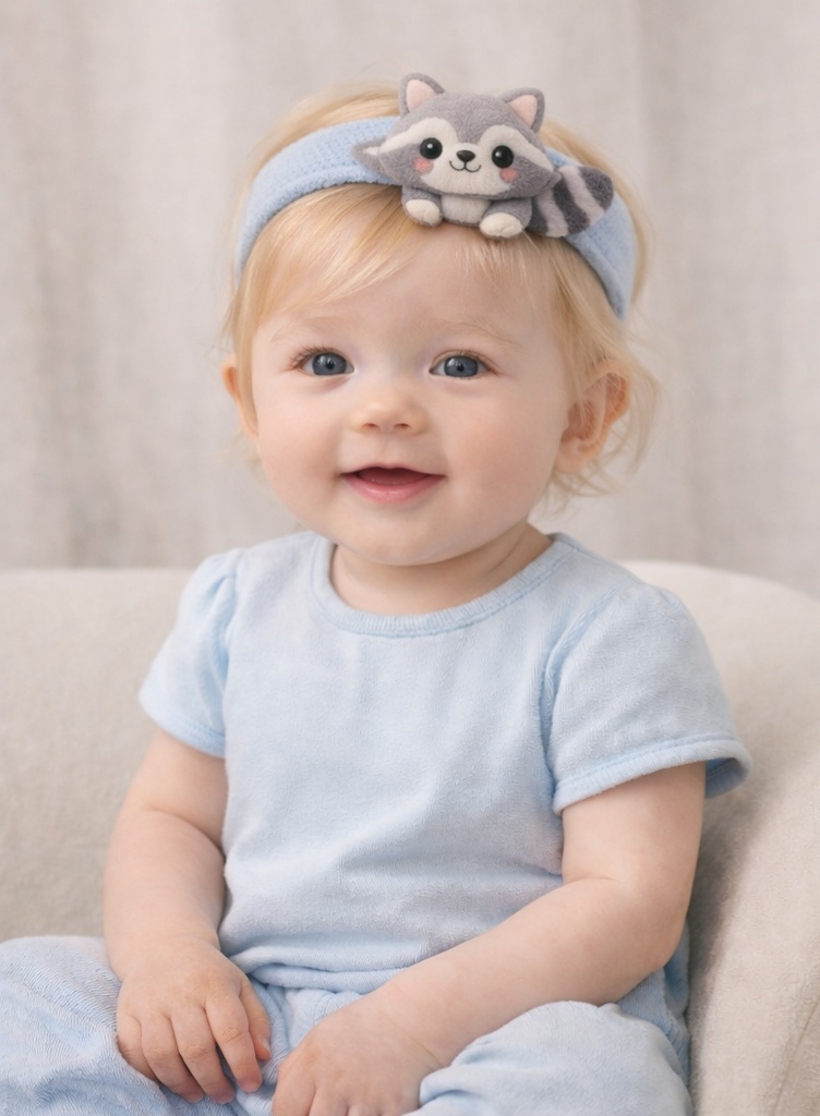 Diadema de Guaxinim para Bebê – Acessório de Cabelo Fofinho com Rosto de Guaxinim