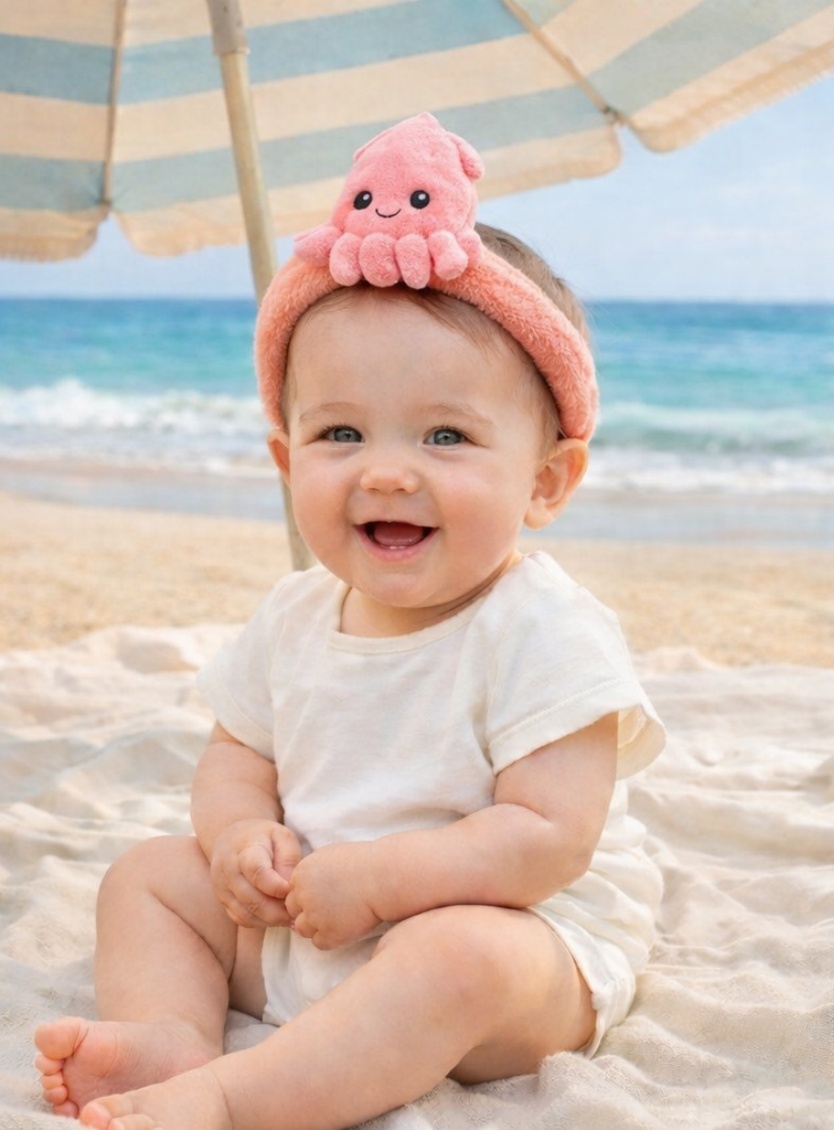 Pink Squid Plush Baby Headband - Soft Ocean Animal Hairwear for Infants