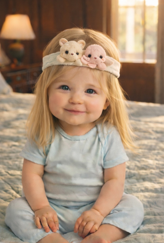 Tiara de Bebê com Ursinho e Polvo – Tecido de Pelúcia Macio para o Conforto do Bebê