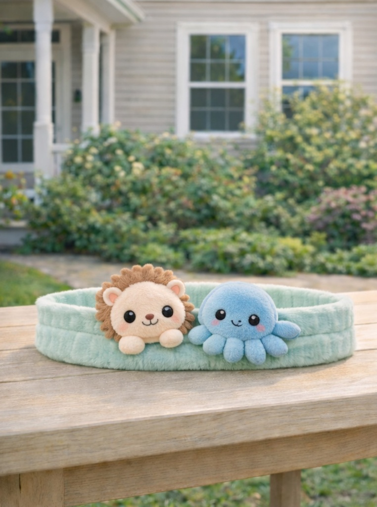 Beebide plush peapael – Lõvi ja sinine kaheksajalg, armas ja pehme juukseaksessuaar