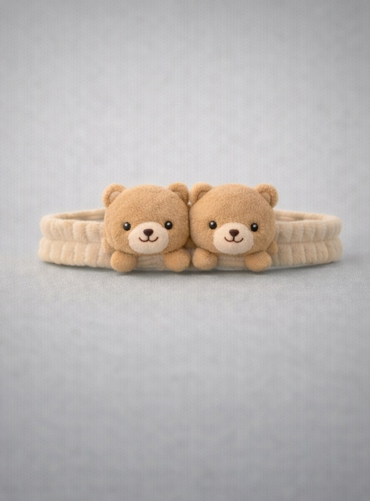Twin Bear Plush Baby Headband in Neutral Beige