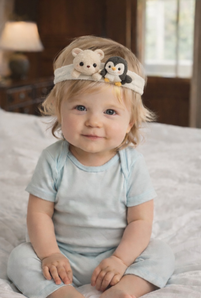 Plush Baby Headband with Cream Bear & Penguin – Cozy Arctic Friends Design