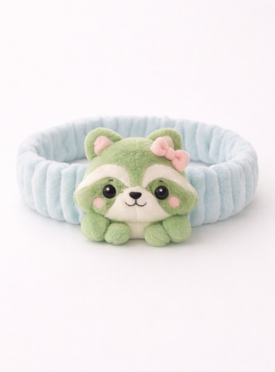 Green Raccoon Baby Headband – Cute Plush Animal Hairband for Newborn Girls