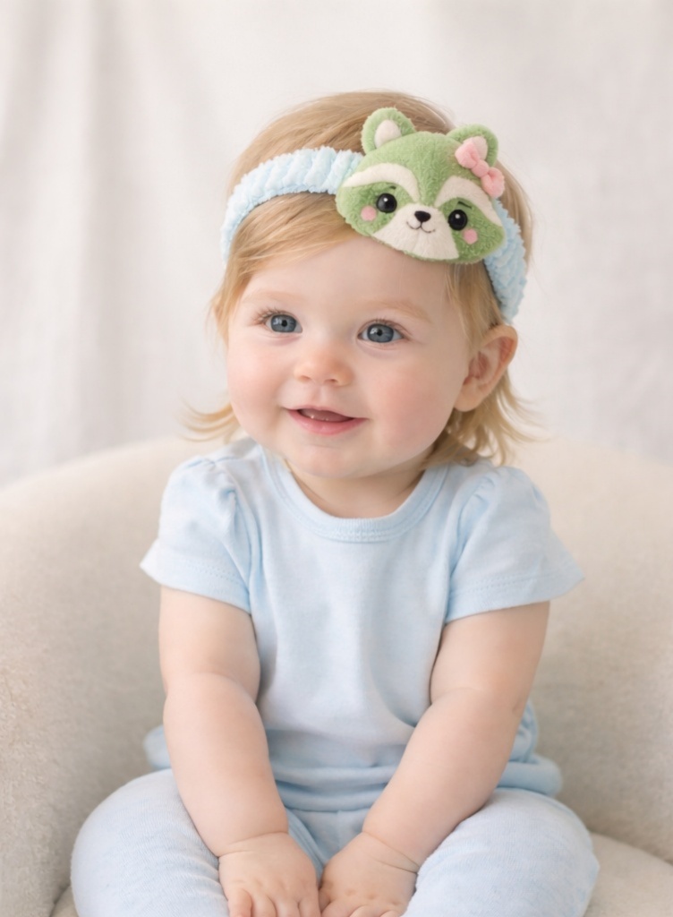 Green Raccoon Baby Headband – Cute Plush Animal Hairband for Newborn Girls