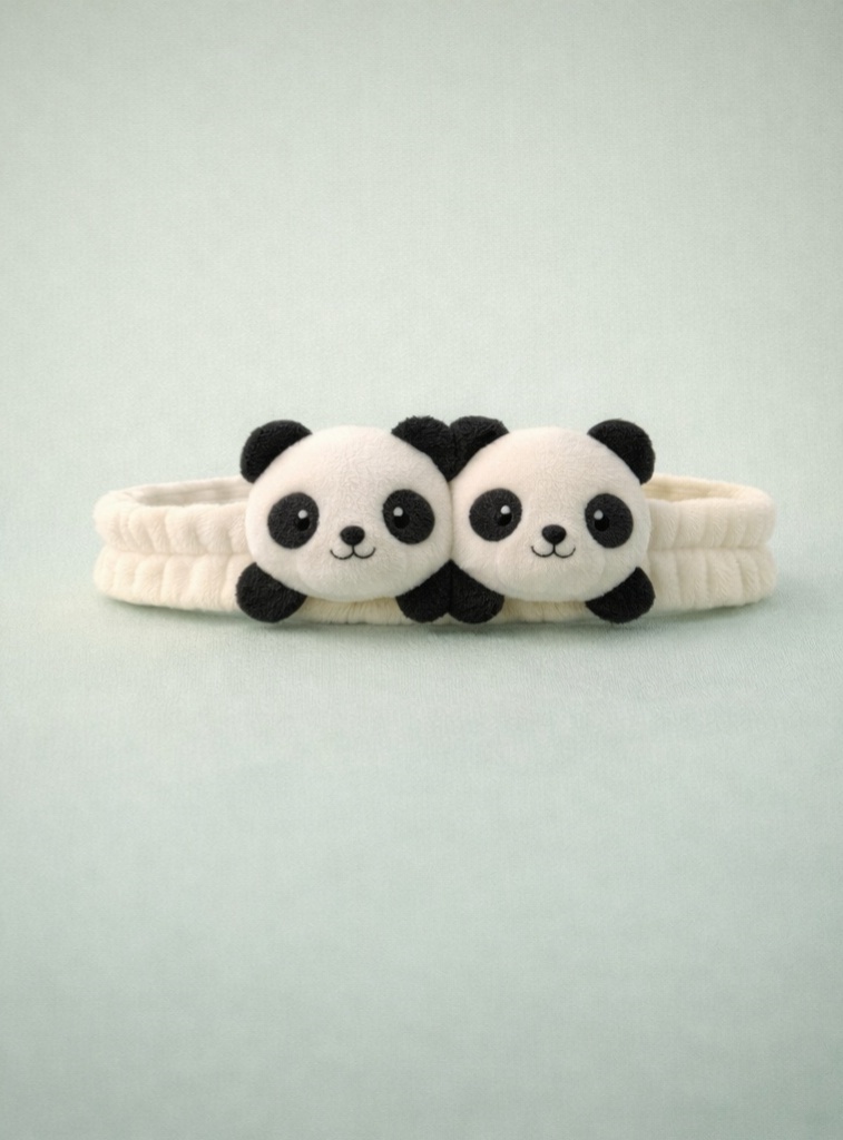 Double Panda Plush Baby Headband for Newborn Girls