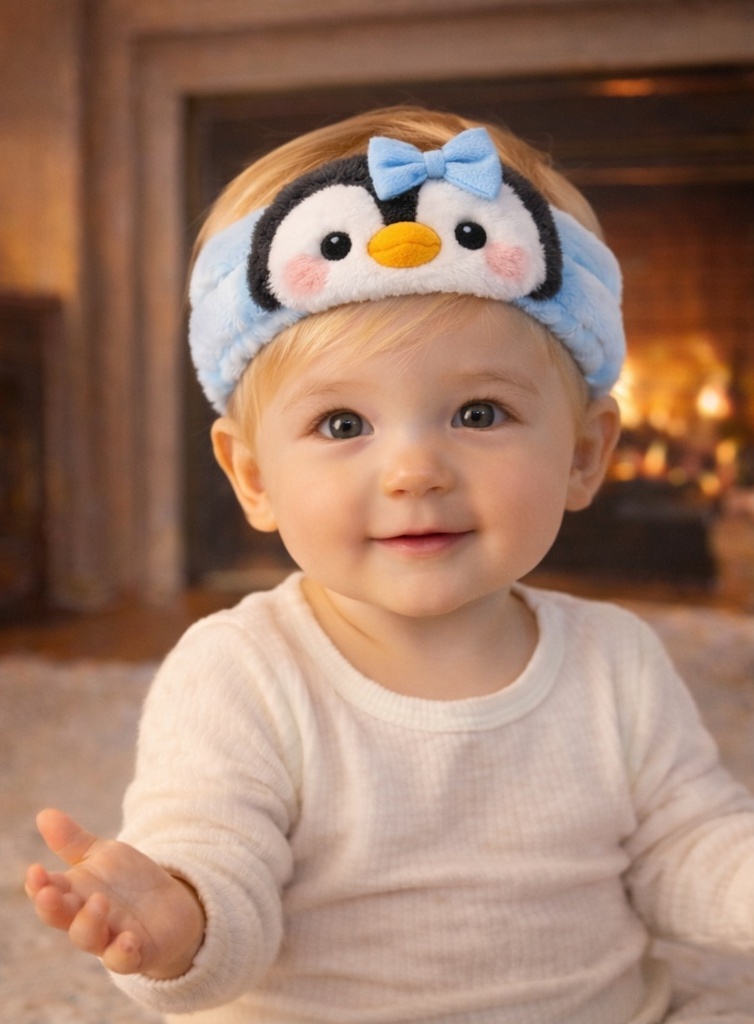 Playful Penguin Plush Baby Headband with Blue Bow – Cozy & Cute Winter-Inspired Accessory