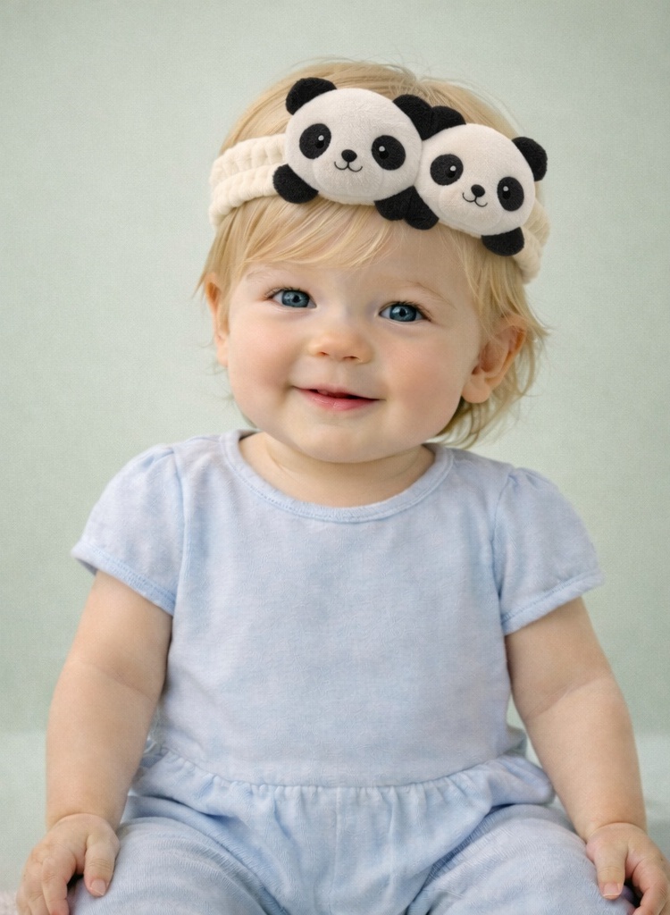 Double Panda Plush Baby Headband for Newborn Girls