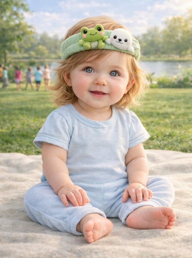 Green Baby Headband with Frog and Seal – Plush Cartoon Animal Hairband