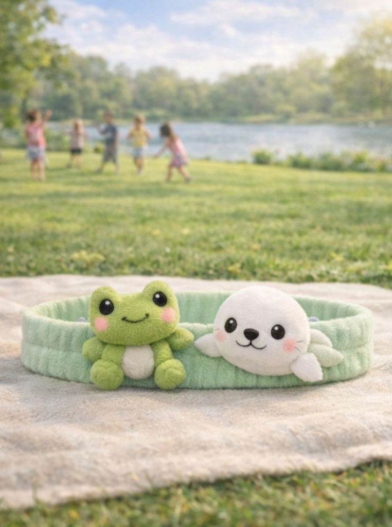 Green Baby Headband with Frog and Seal – Plush Cartoon Animal Hairband