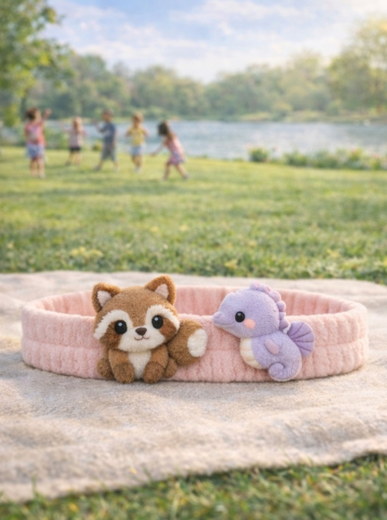 Plush Baby Headband with Raccoon and Seahorse – Soft Pink Cartoon Hairband