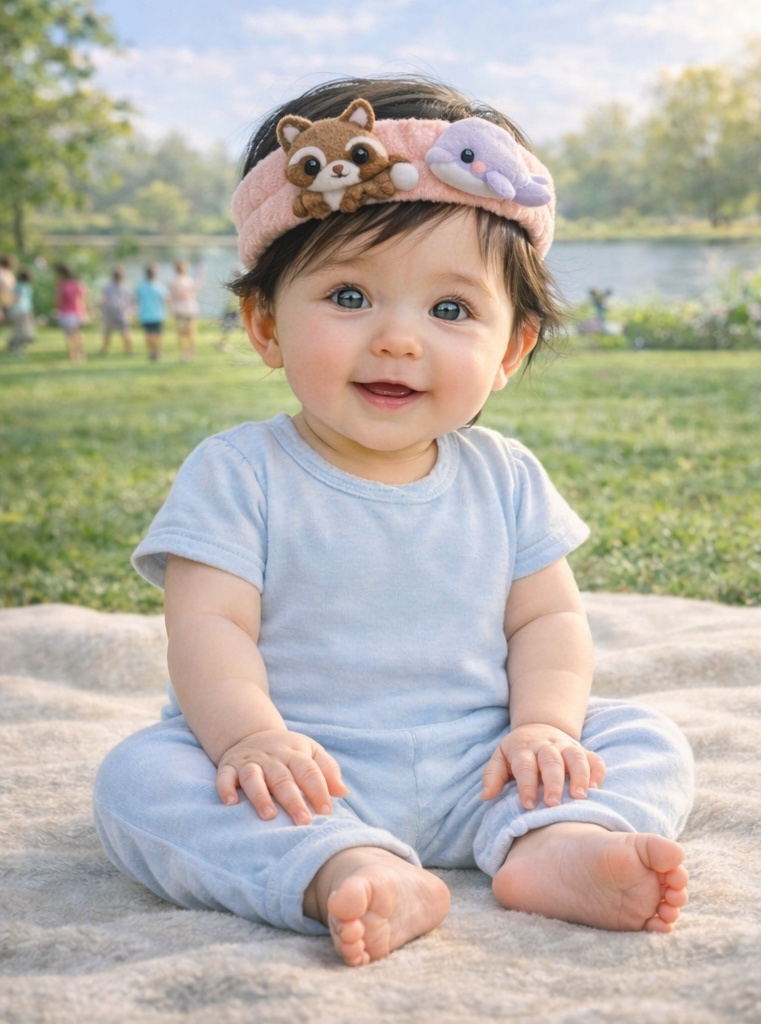 Plush Baby Headband with Raccoon and Seahorse – Soft Pink Cartoon Hairband