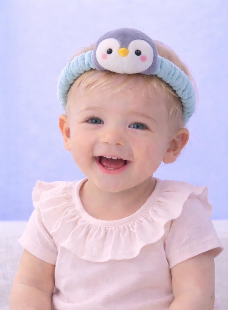 Mignon bandeau en peluche pour bébé avec visage de pingouin – Accessoire confortable et doux pour bébés