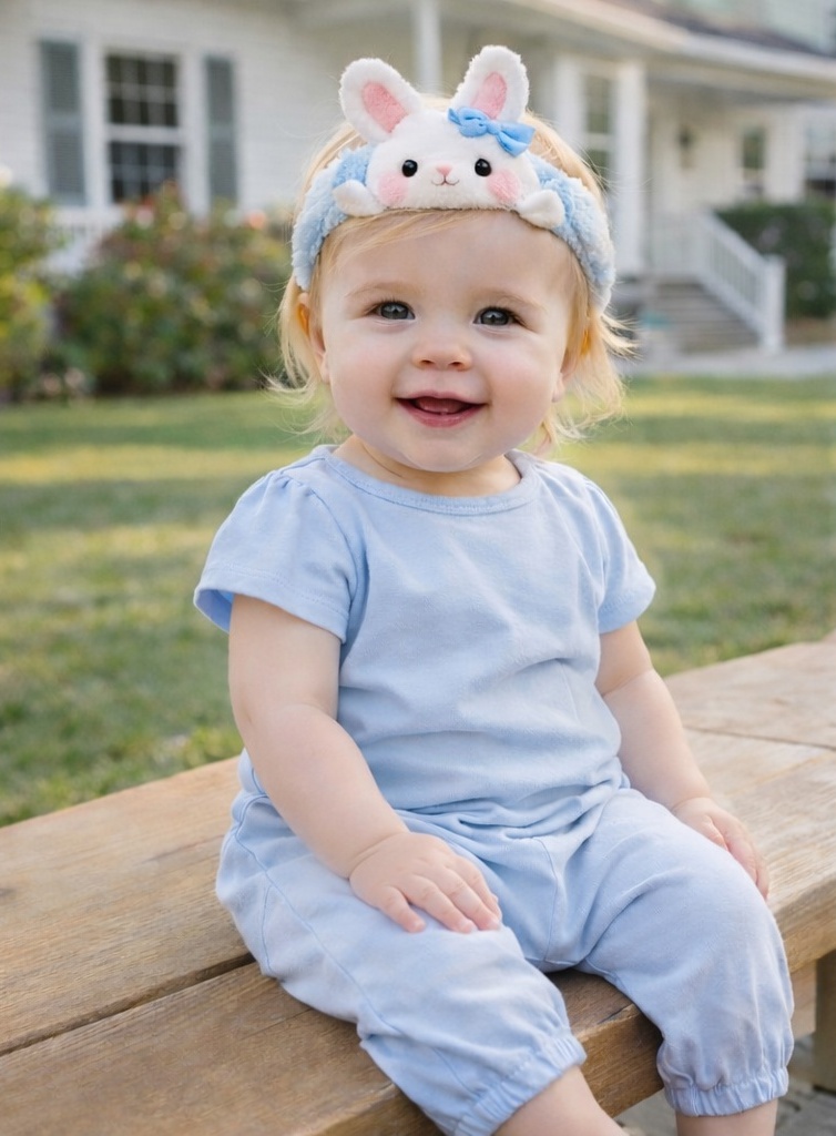 Outdoor Bunny Baby Headband with Blue Bow – Soft Plush Rabbit for Infant Styling