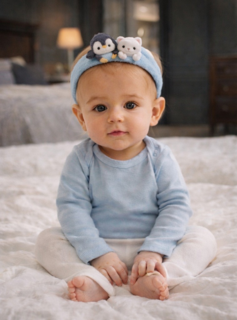 Penguin & White Kitten Plush Baby Headband - Arctic Cuddle Edition