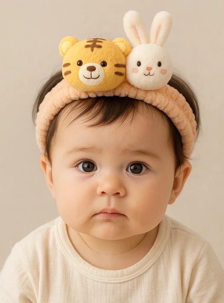 Whimsical Baby Headband with Cute Tiger and Bunny – Soft & Cozy Baby Accessories