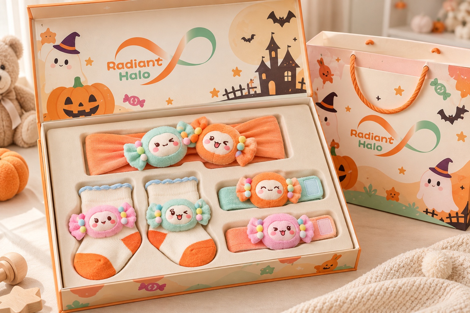 Wholesale Candy Character Baby Gift Set with Plush Headband, Socks & Wrist Rattles | Colorful Retail Gift Set