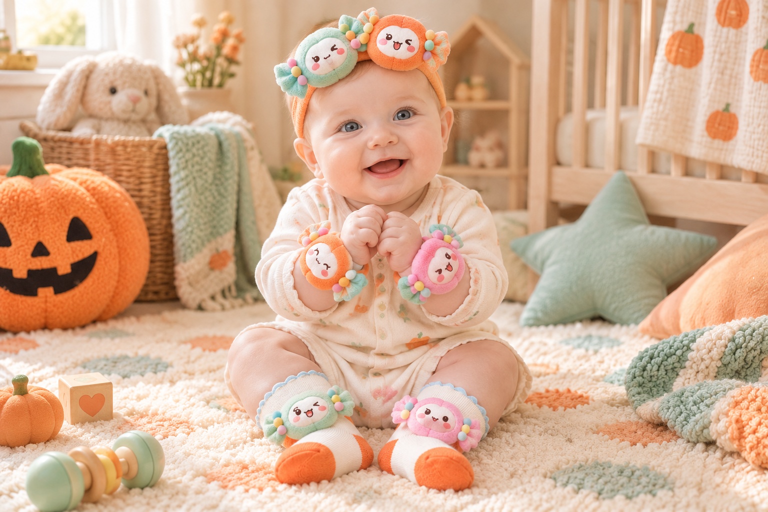 Wholesale Candy Character Baby Gift Set with Plush Headband, Socks & Wrist Rattles | Colorful Retail Gift Set