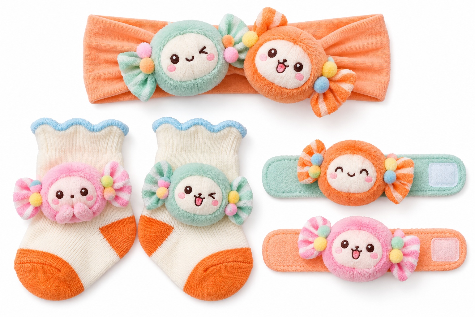 Wholesale Candy Character Baby Gift Set with Plush Headband, Socks & Wrist Rattles | Colorful Retail Gift Set