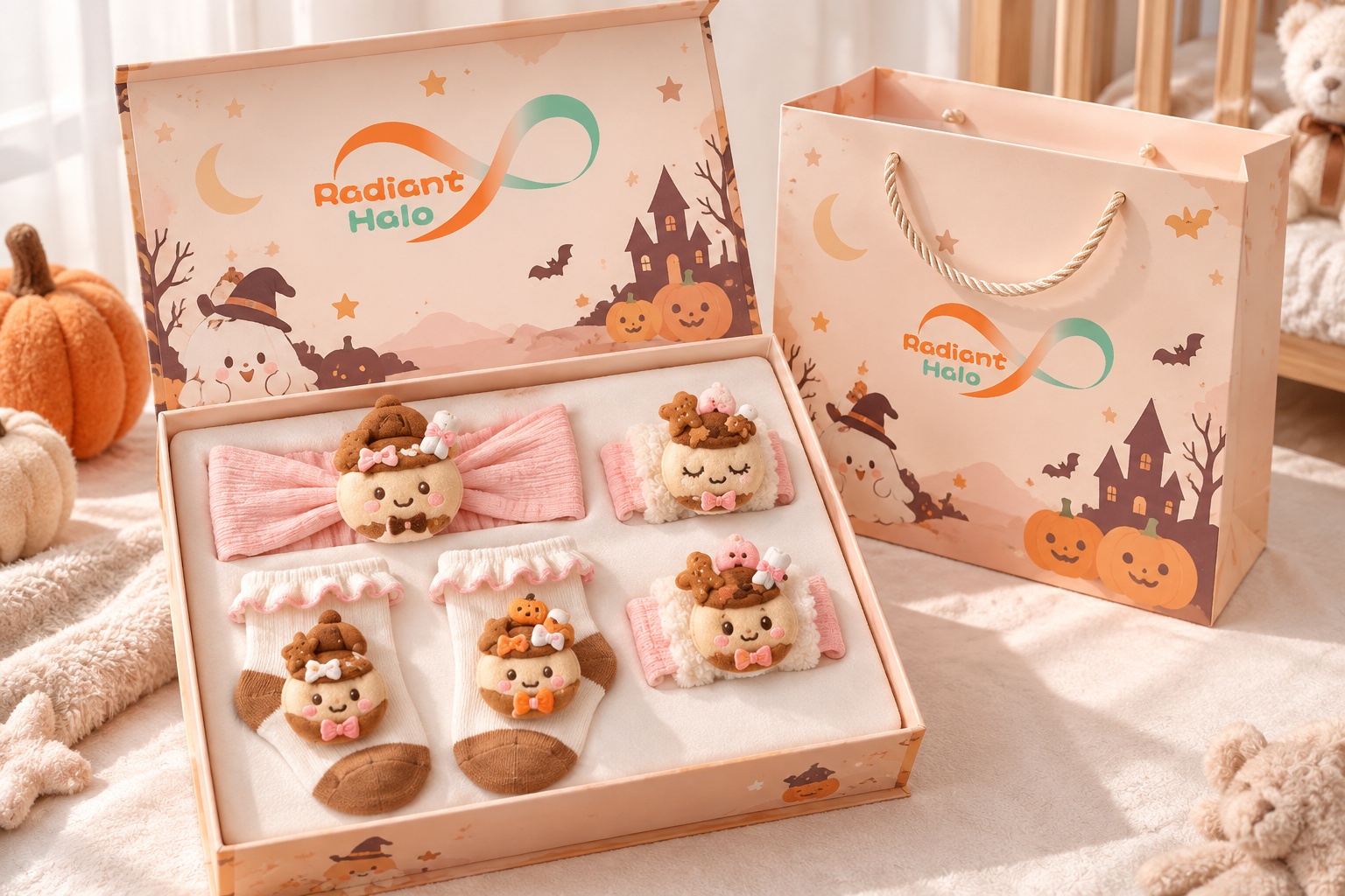 Wholesale Halloween Treat Cup Baby Gift Set – Plush Doll Headband, Socks & Wrist Rattles for Boutiques