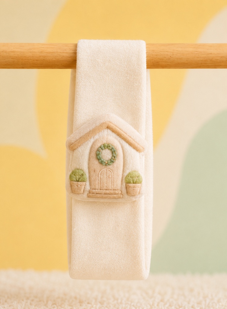 Faixa Plush Creme para Bebê com Aplique 3D de Casinha para Atacado, Boutiques e Kits Presenteáveis