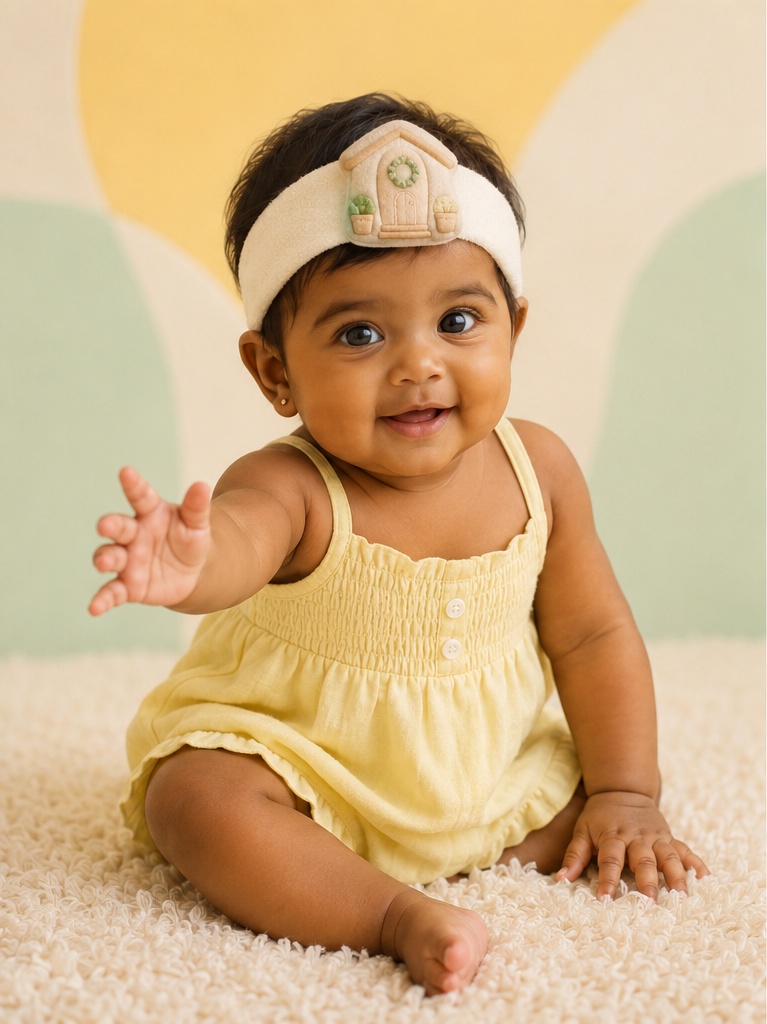 Faixa Plush Creme para Bebê com Aplique 3D de Casinha para Atacado, Boutiques e Kits Presenteáveis