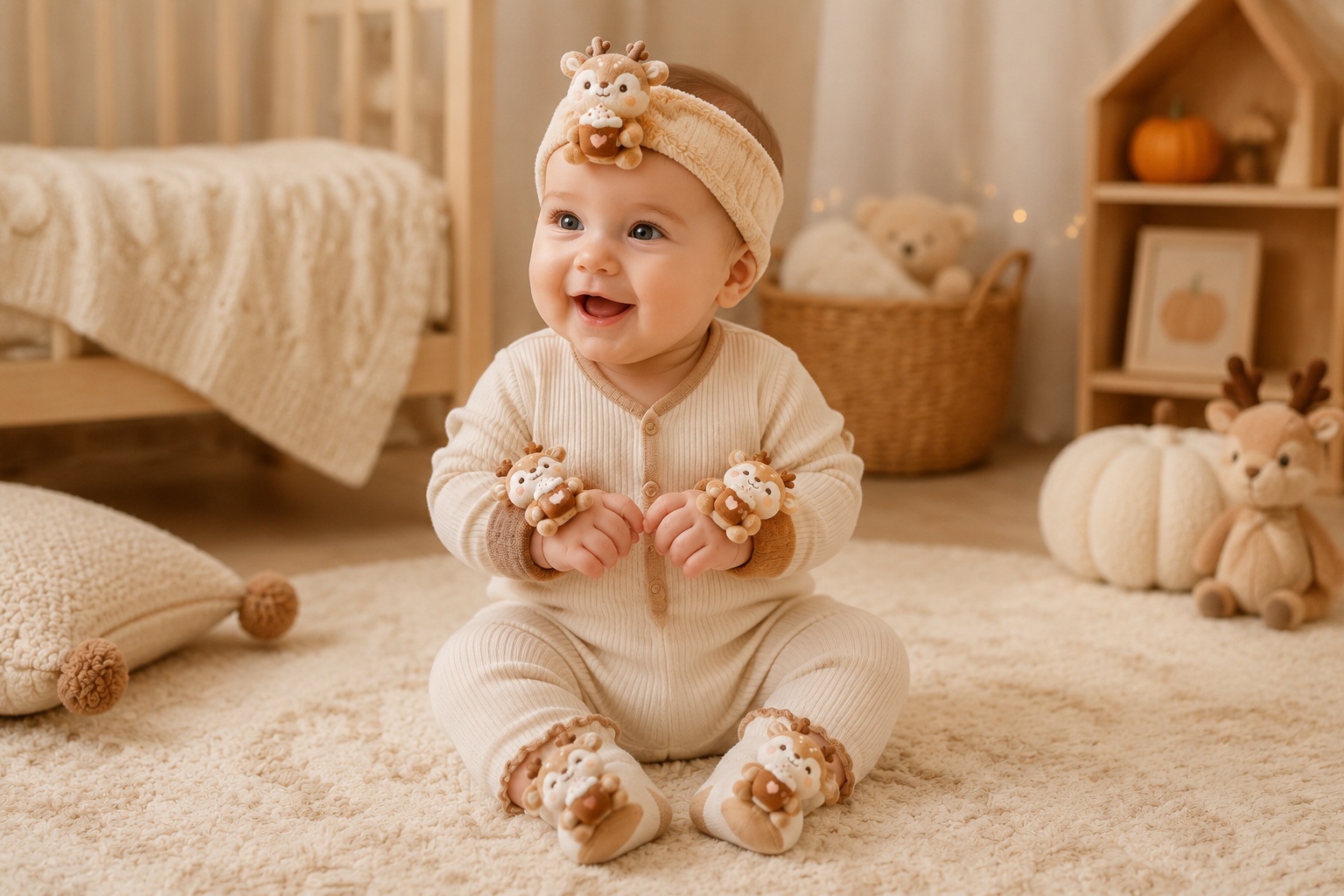 Wholesale-Ready 3D Deer Doll Baby Headband Gift Set with Socks & Wrist Rattles