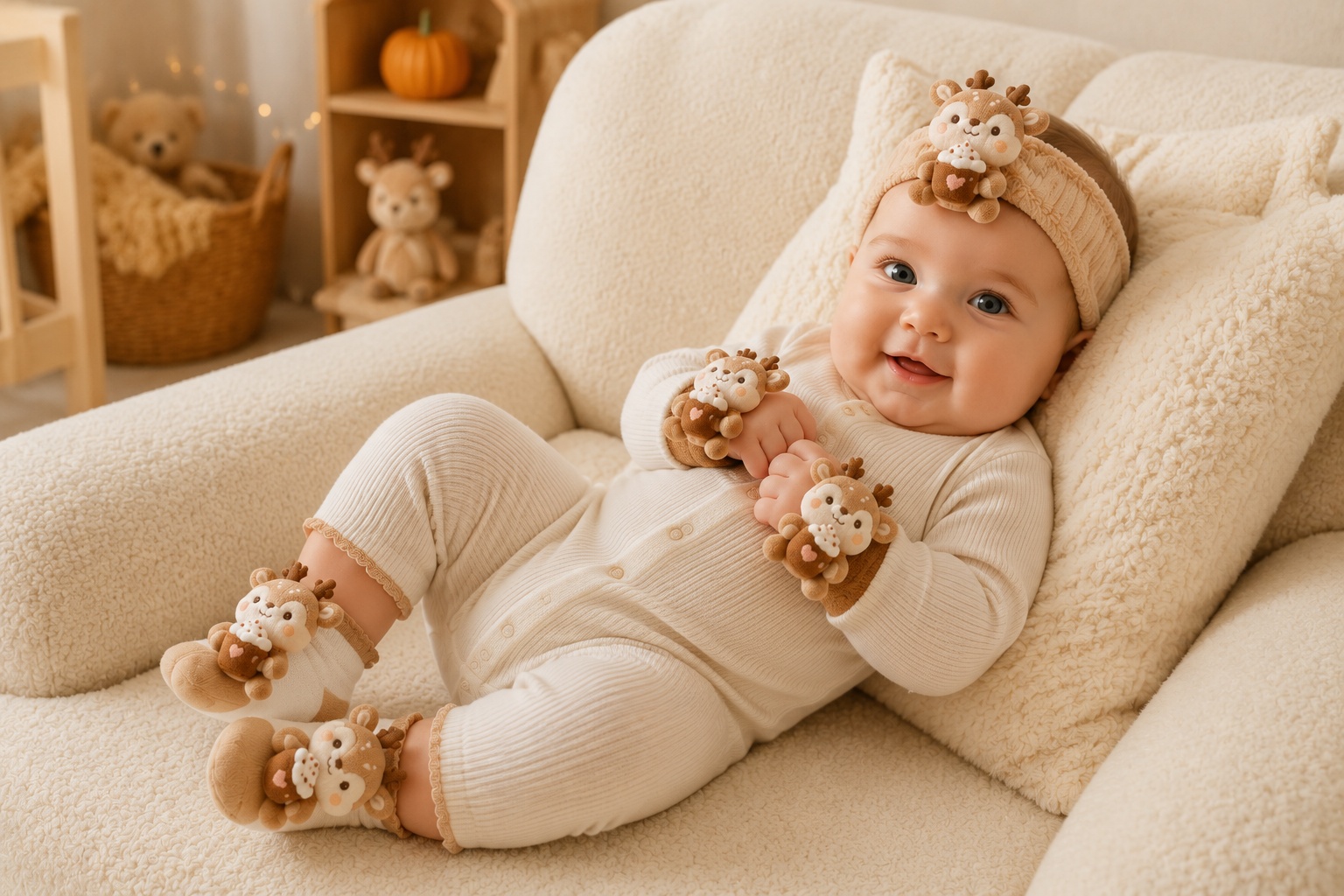 Wholesale-Ready 3D Deer Doll Baby Headband Gift Set with Socks & Wrist Rattles