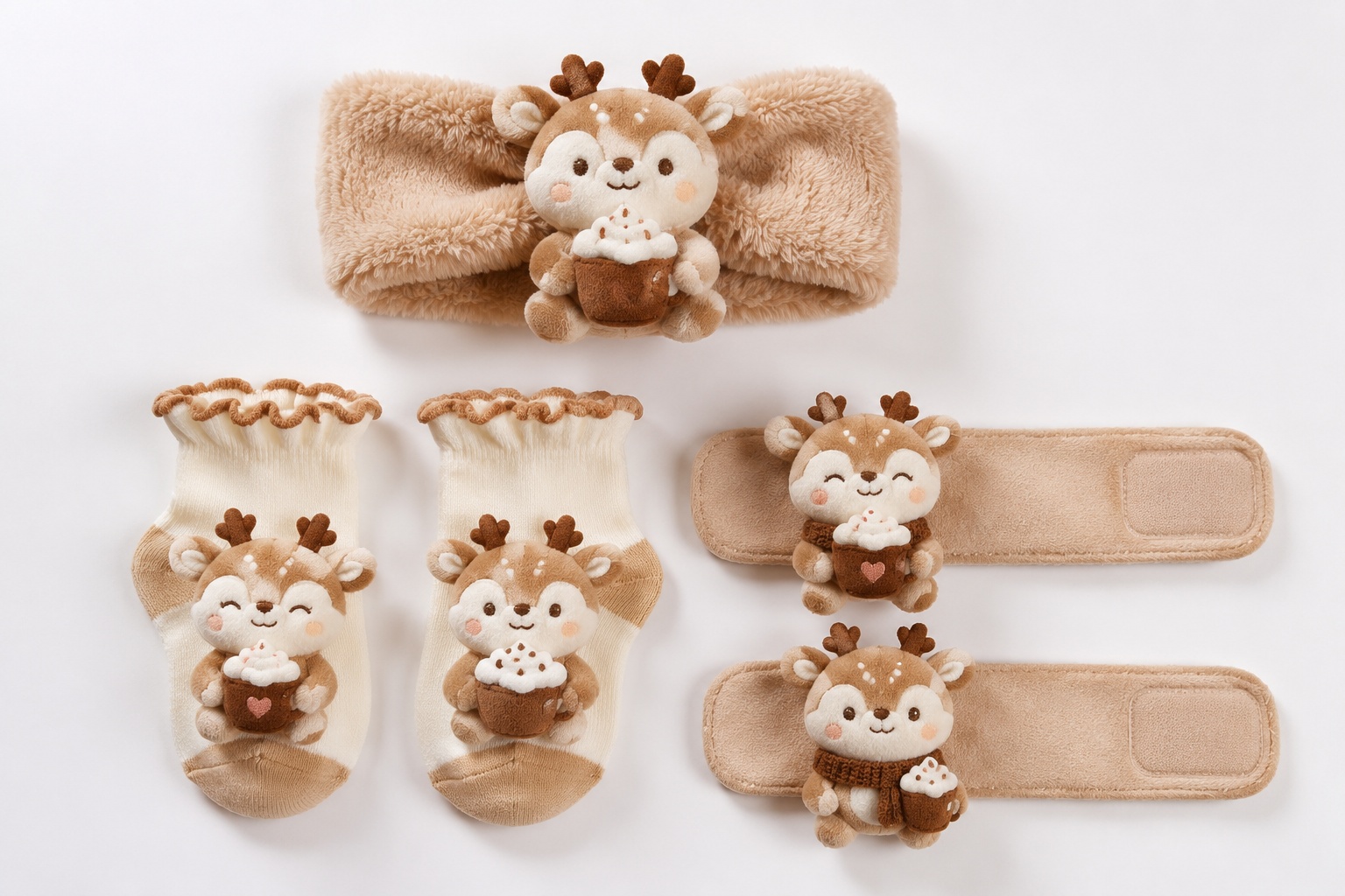 Wholesale-Ready 3D Deer Doll Baby Headband Gift Set with Socks & Wrist Rattles