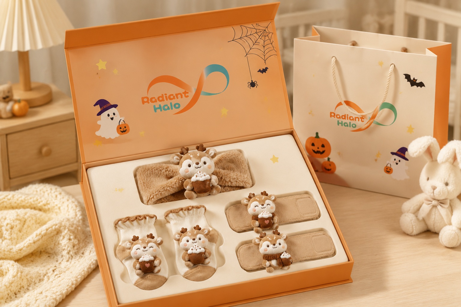 Wholesale-Ready 3D Deer Doll Baby Headband Gift Set with Socks & Wrist Rattles
