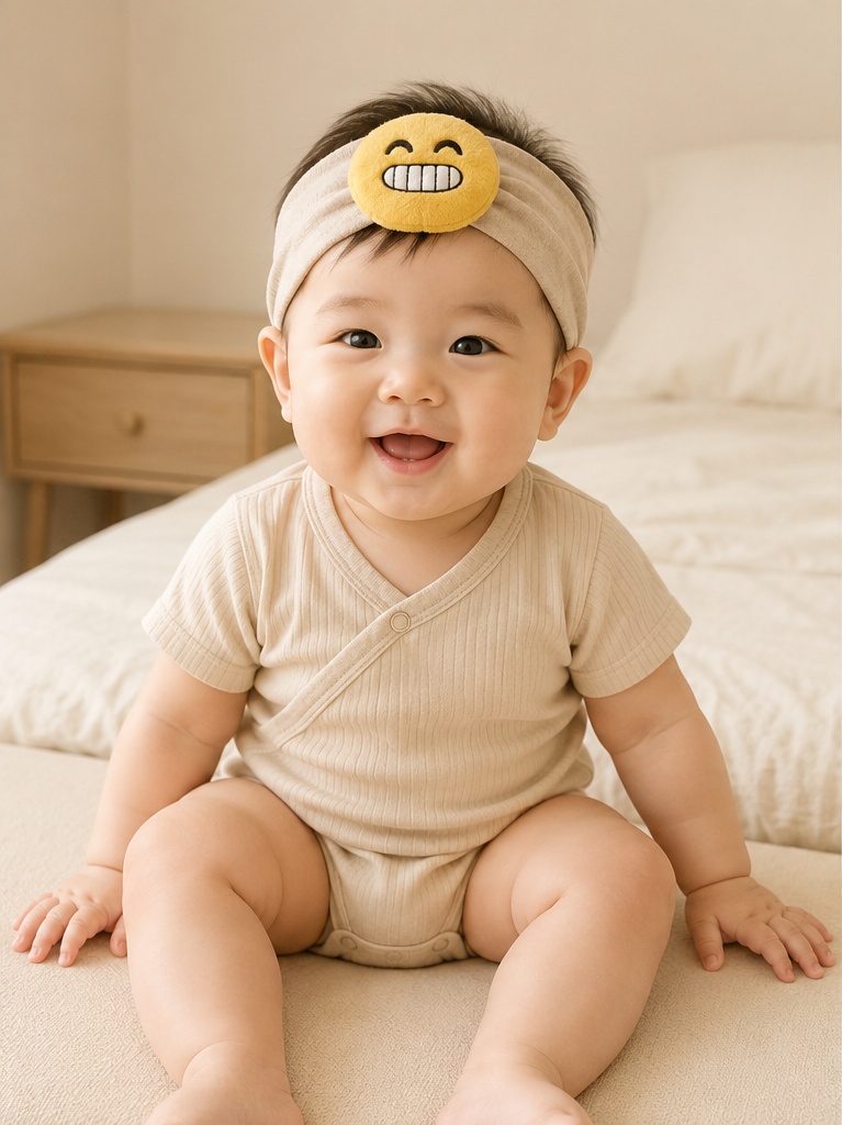 Bandeau bébé en gros avec peluche emoji détachable – design sourire beige doux pour boutiques bébé