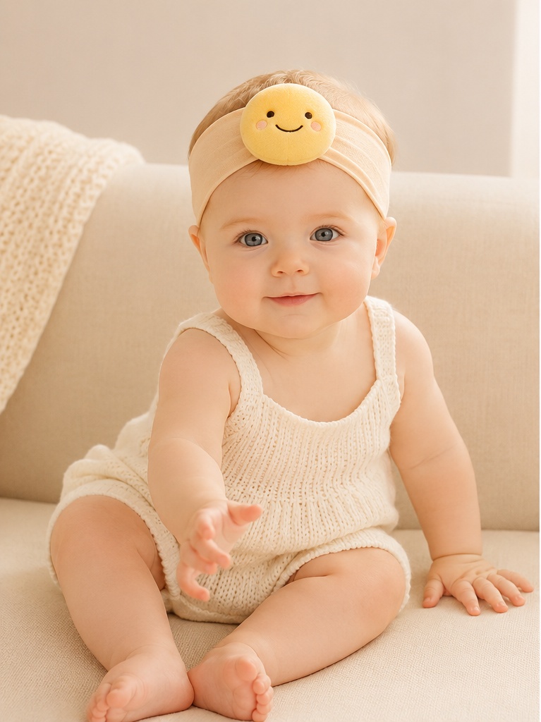 Großhandel Baby-Puppen-Stirnband mit abnehmbarem Emoji-Plüsch – weiches Pfirsich-Stretchband für Babyboutiquen