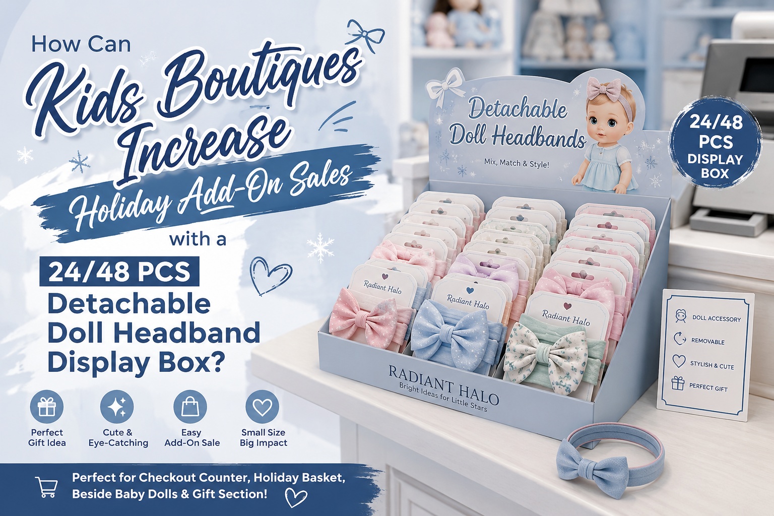 How Can Kids Boutiques Increase Holiday Add-On Sales with a 24/48 pcs Detachable Doll Headband Display Box?