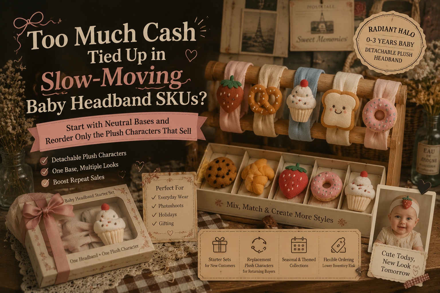 Too Much Cash Tied Up in Slow-Moving Baby Headband SKUs? Start with Neutral Bases and Reorder Only the Plush Characters That Sell