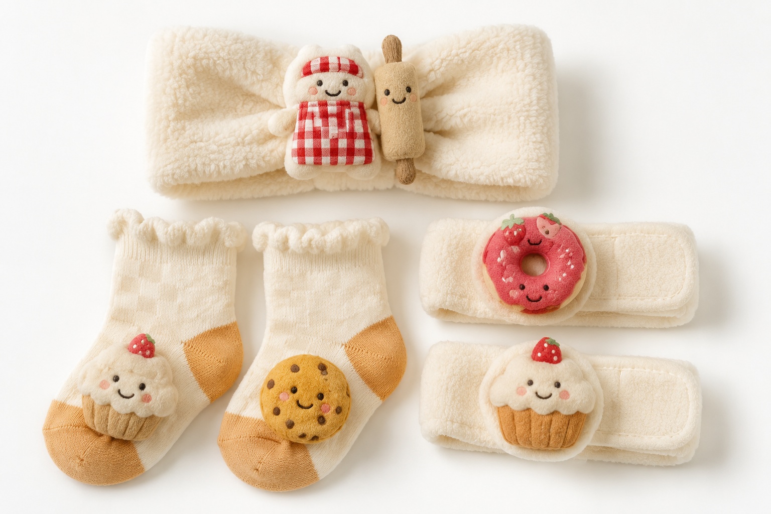 OEM Dessert Plush Baby Headband Gift Set with Cookie Socks & Strawberry Wristbands