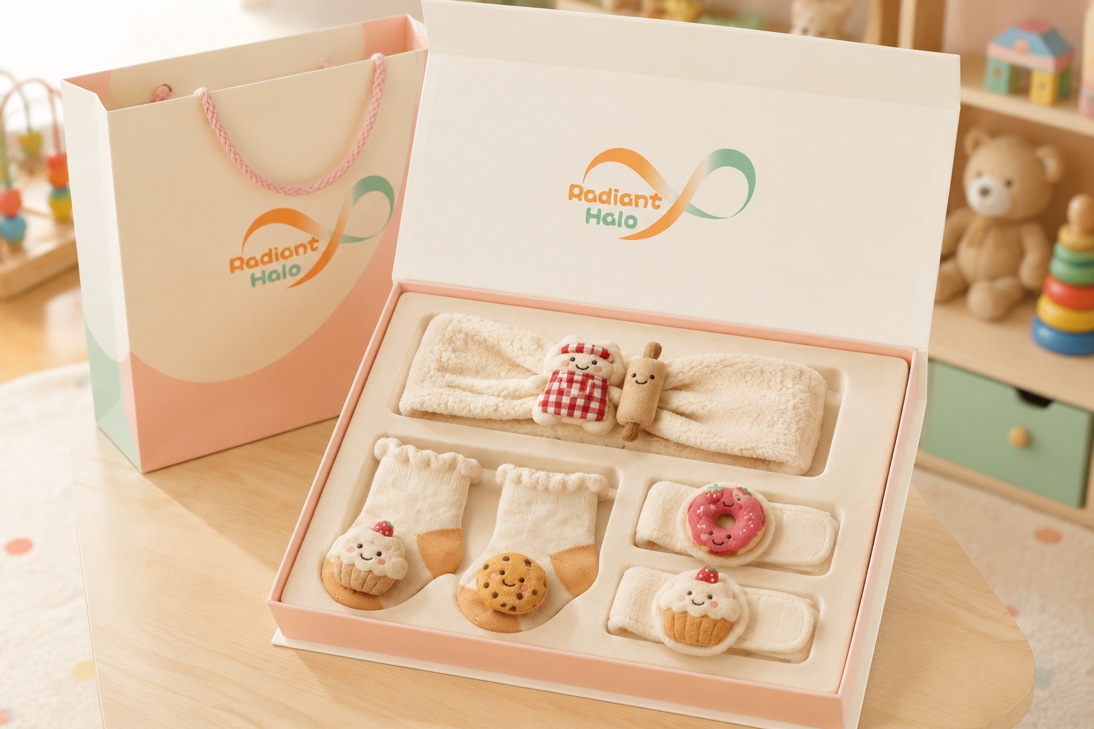 OEM Dessert Plush Baby Headband Gift Set with Cookie Socks & Strawberry Wristbands
