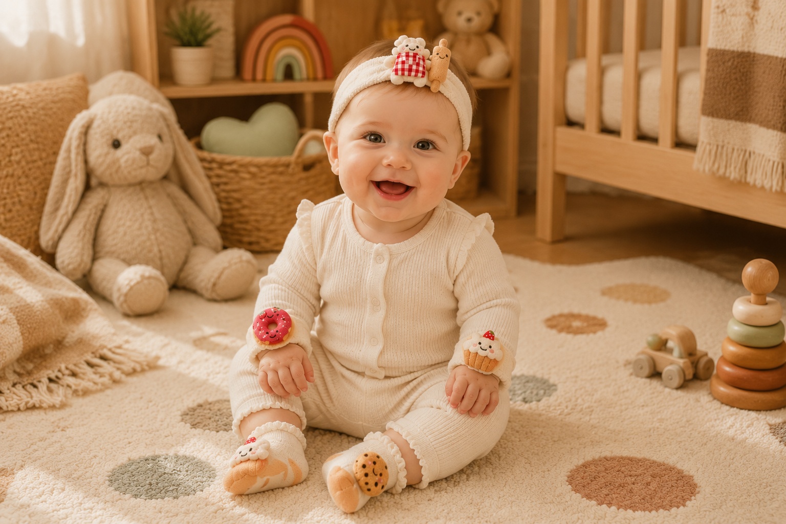 OEM Dessert Plush Baby Headband Gift Set with Cookie Socks & Strawberry Wristbands