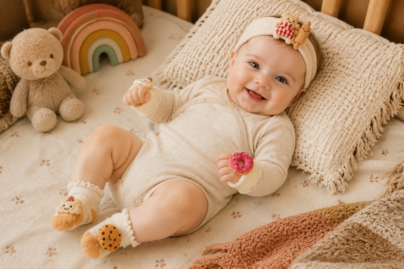OEM Dessert Plush Baby Headband Gift Set with Cookie Socks & Strawberry Wristbands